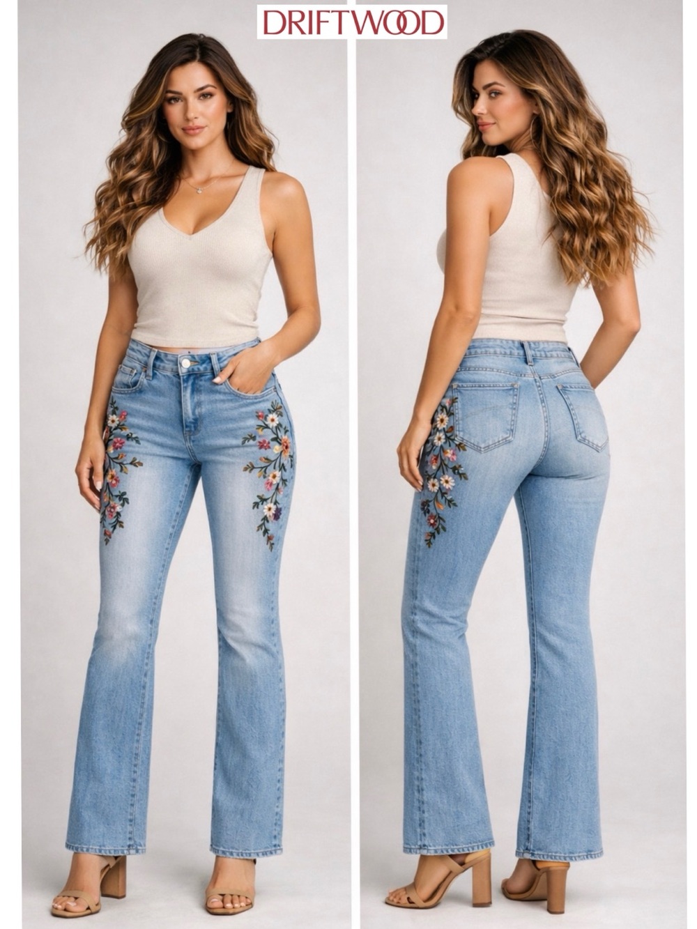 Driftwood Kelly Embroidered Bootcut Jeans Light Wash Boho Floral Denim 27 L33